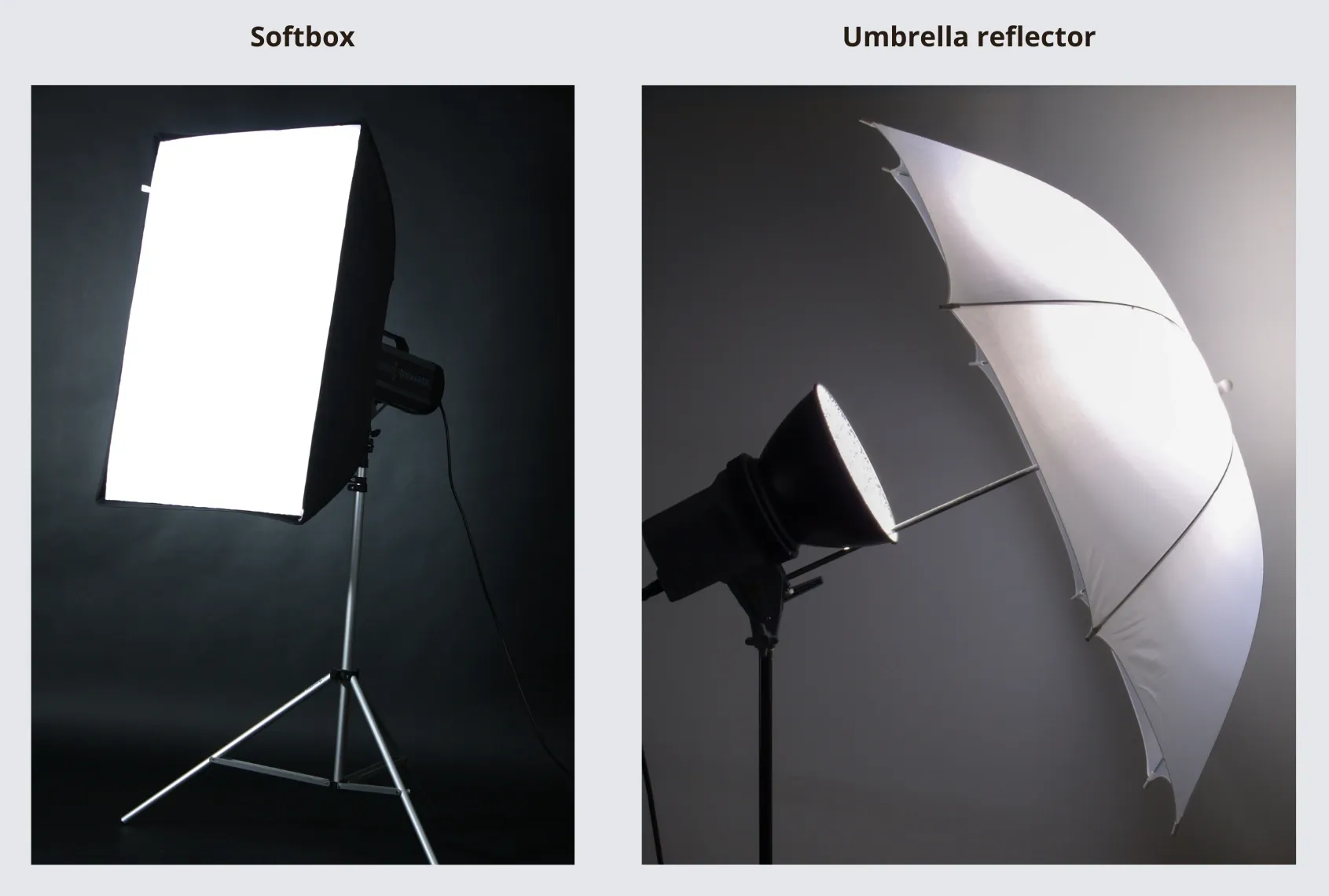 Softbox and umbrella reflector used for diffusing and controlling light in photography setups.