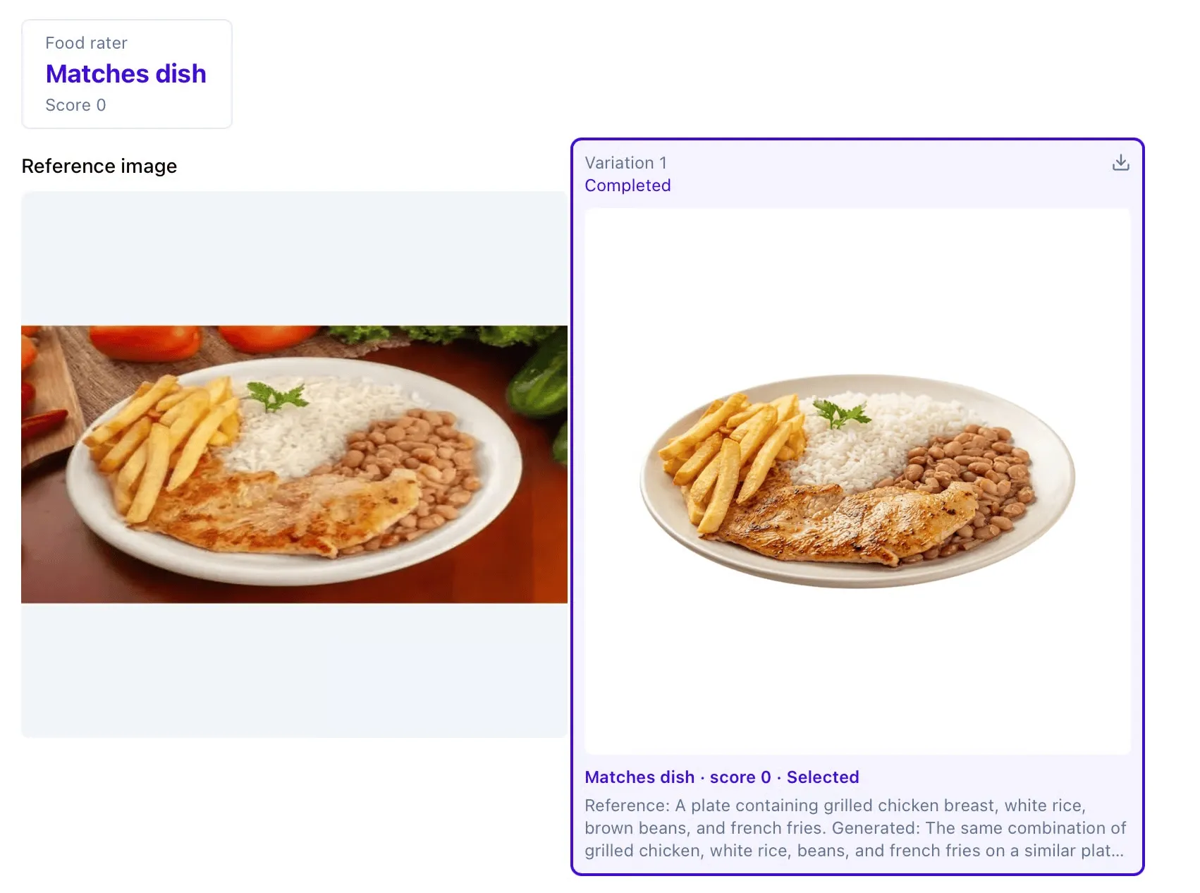 Two similar plates of food with grilled chicken, white rice, brown beans, and French fries, garnished with a sprig of green herbs.