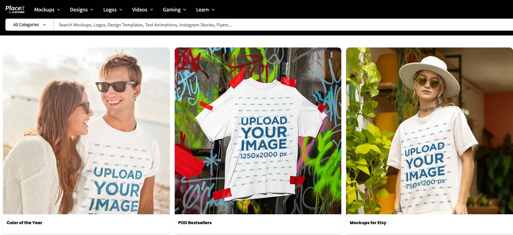 Three customizable t-shirt designs displayed: a couple in sunglasses, a graffiti background, and a woman with a hat and sunglasses.