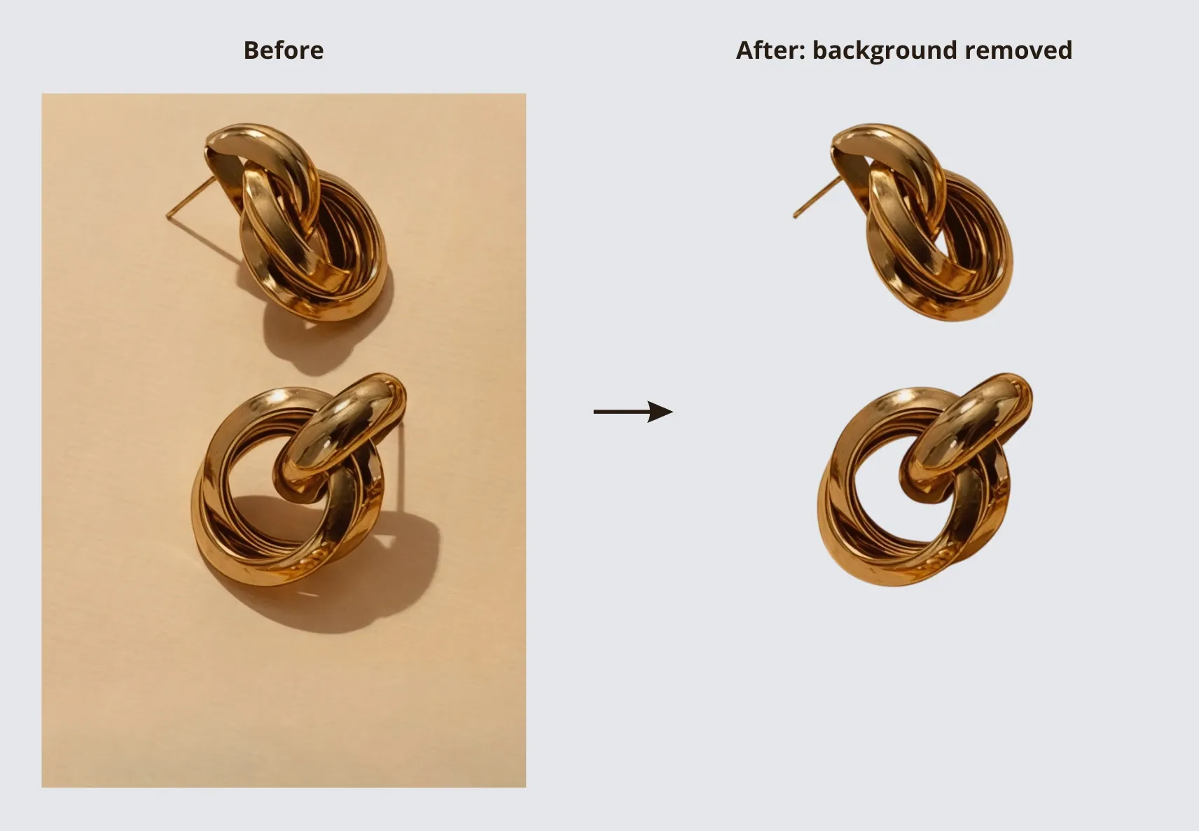 Gold knot earrings on a beige background, then isolated with the background removed for clarity.