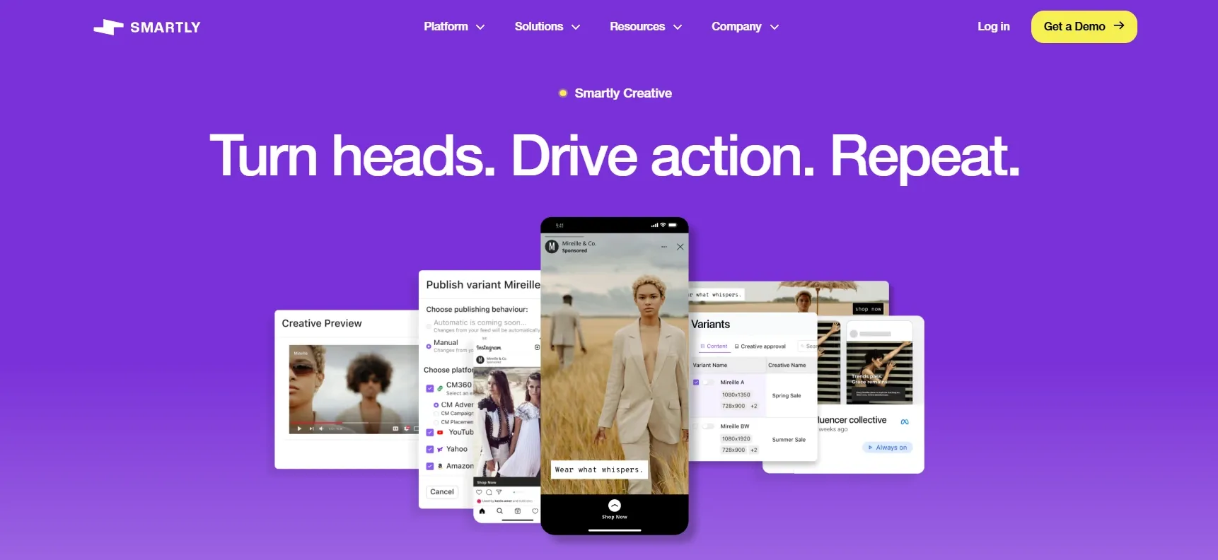 A purple website banner on Smartly.io showing a smartphone overlapping multiple creative previews with the text "Turn heads. Drive action. Repeat."