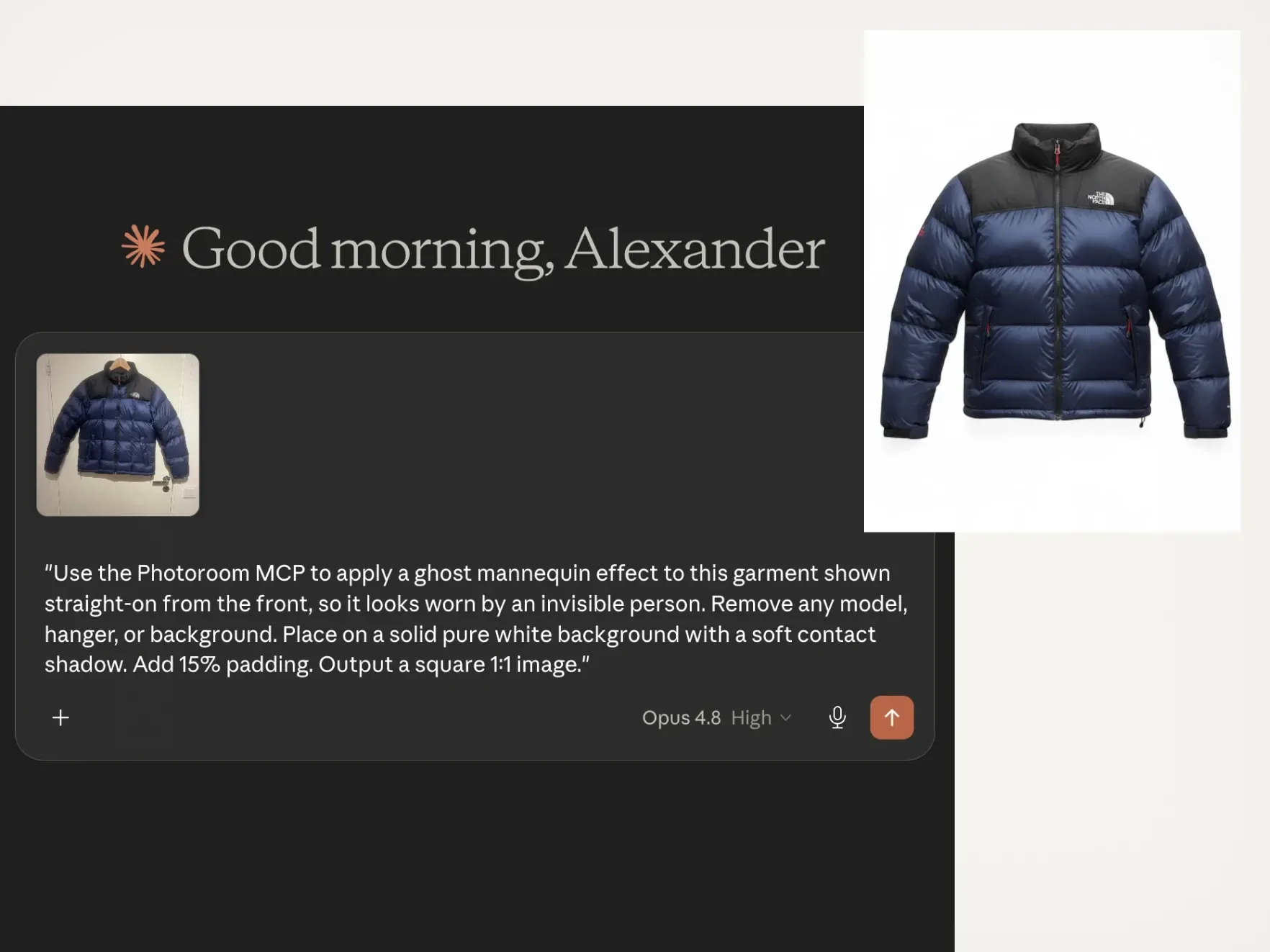 Dark blue and black puffer jacket displayed on a white background with a request to apply a ghost mannequin effect.
