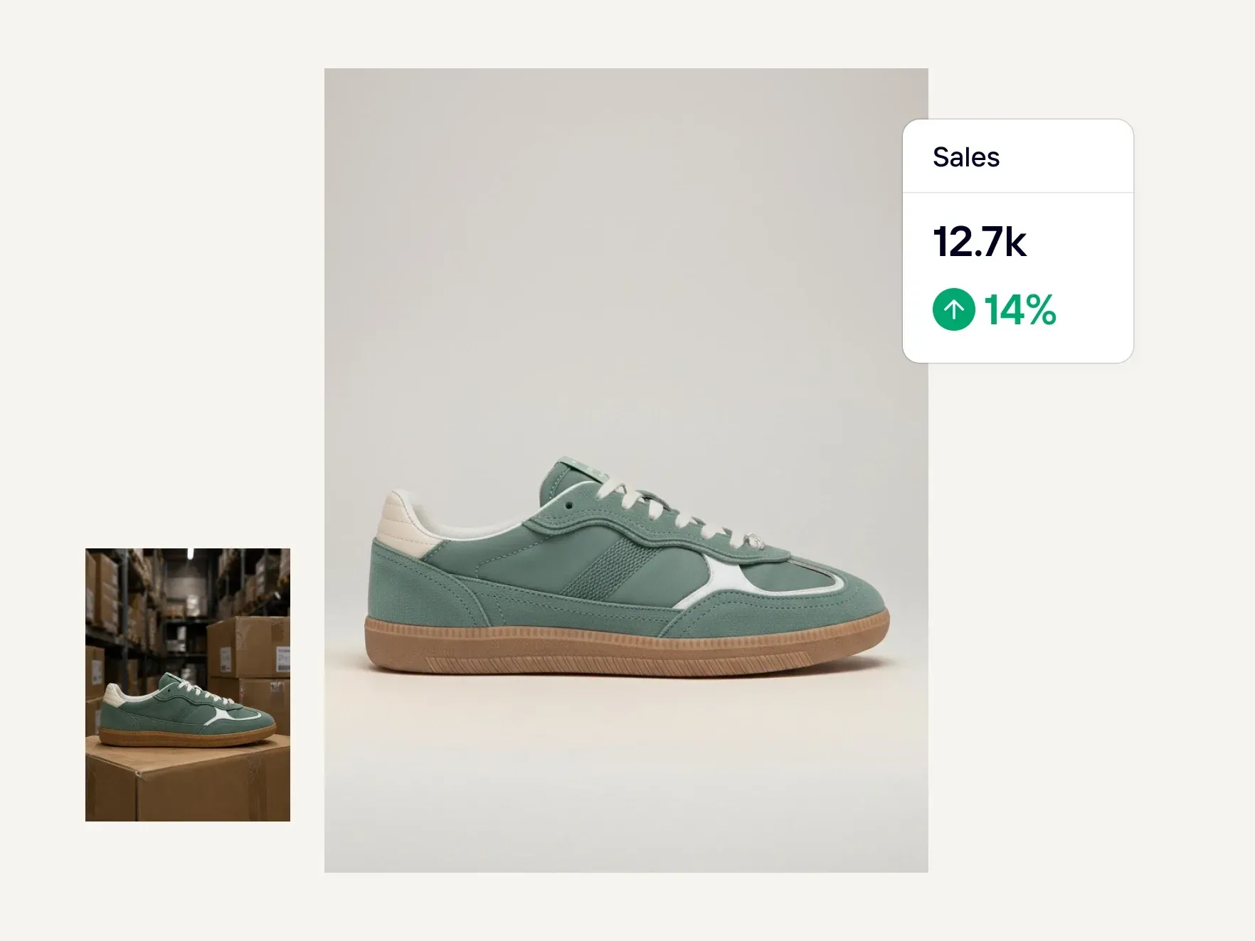 A green and white sneaker with a gum sole displayed alongside a sales chart showing 12.7k units and a 14% increase.