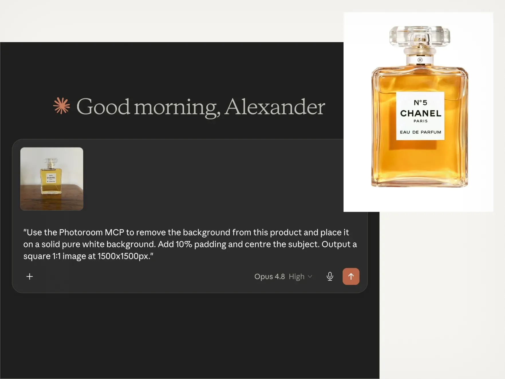 A digital workspace showing a design task with a bottle of Chanel No. 5 perfume against a white background.