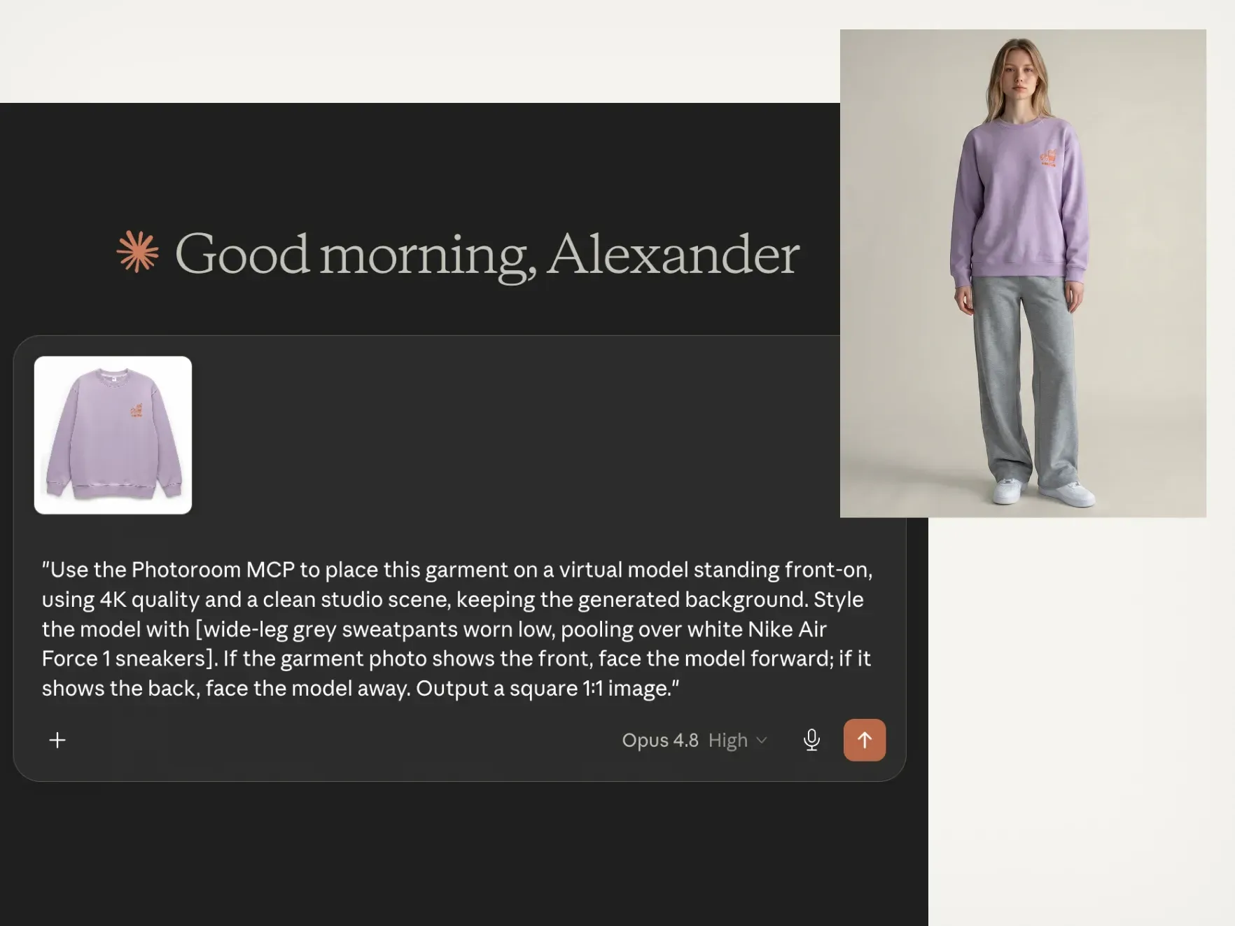 A model wearing a light purple sweatshirt and gray sweatpants stands in a studio setting, with a displayed text about using the PhotoRoom MCP.