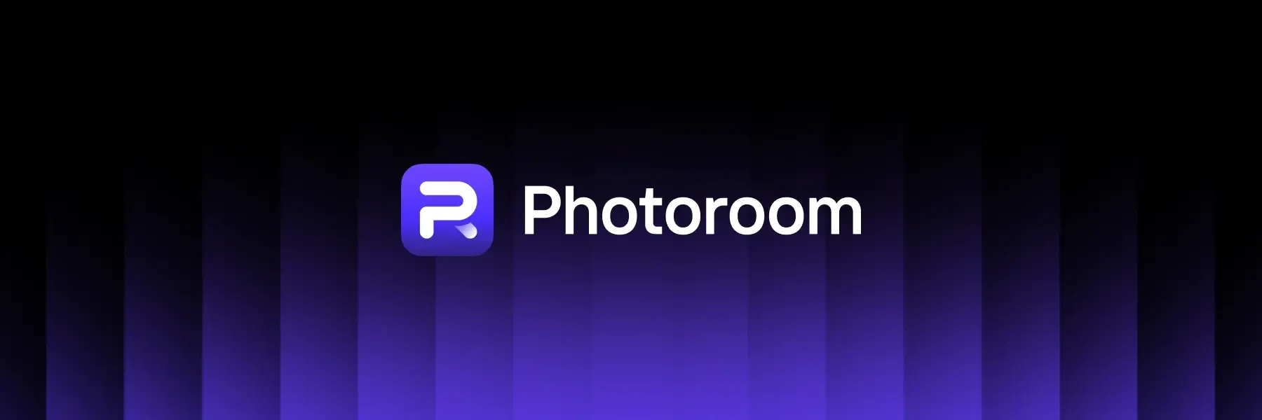 Photroom logo on a dark purple gradient background with vertical light streaks.