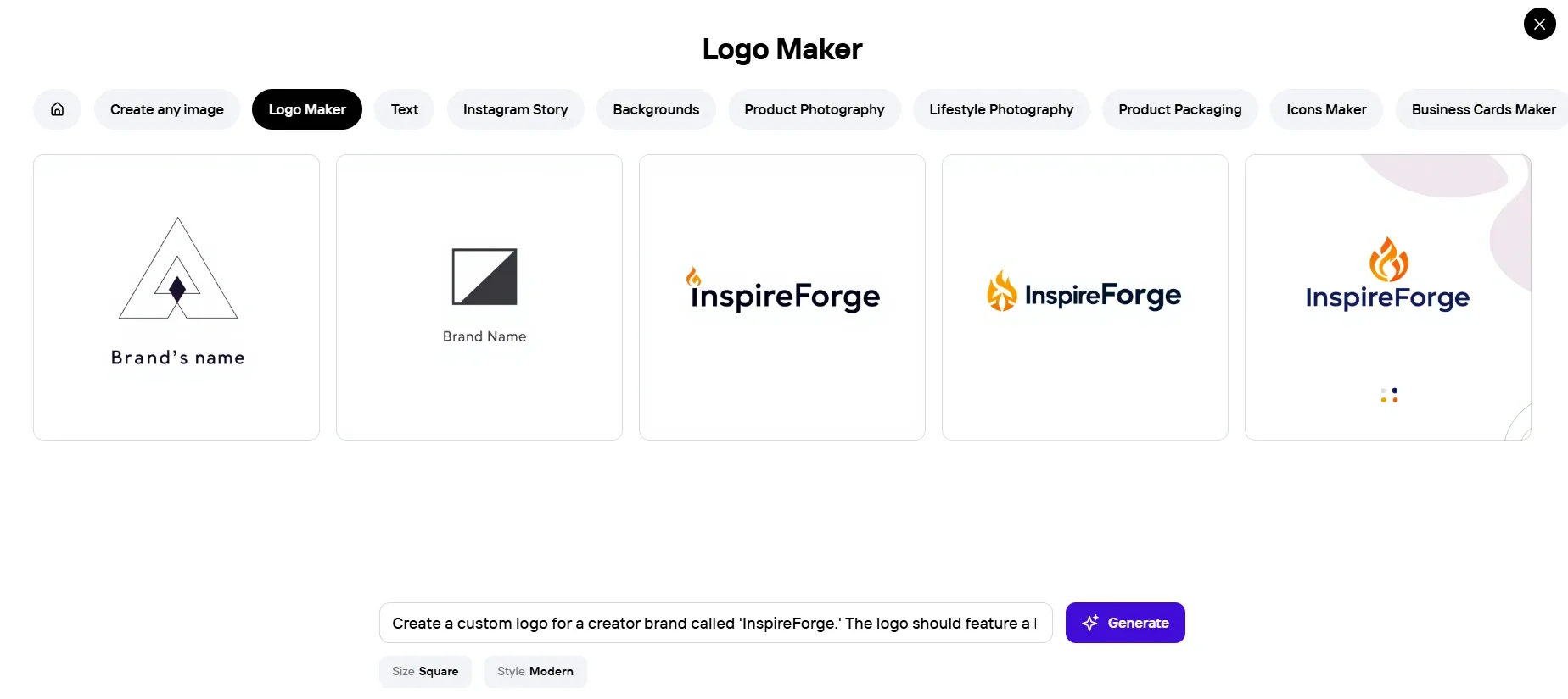 Photoroom's Logo Maker with examples of generated logos, including one for InspireForge.