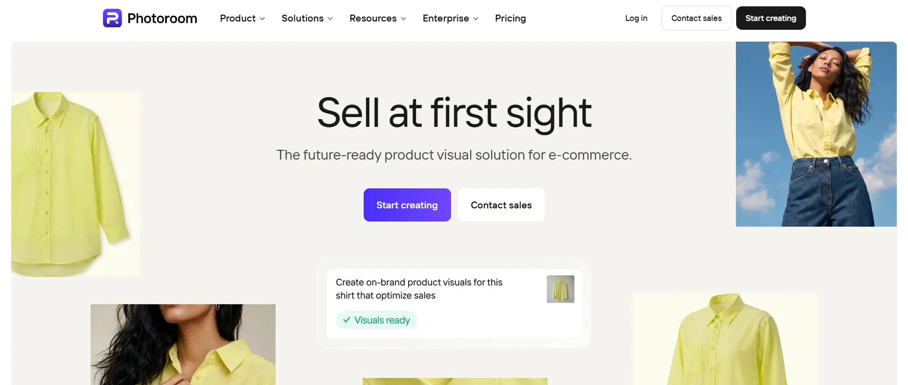 Website showing PhotoRoom's homepage, featuring images of a yellow shirt on models and a call-to-action to start creating.