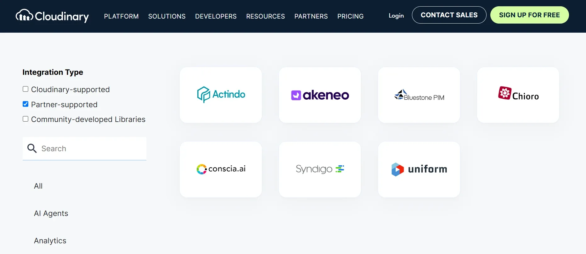 Cloudinary integration dashboard showing logos of partner-supported libraries like Actindo, Akeneo, and others, with navigation options.