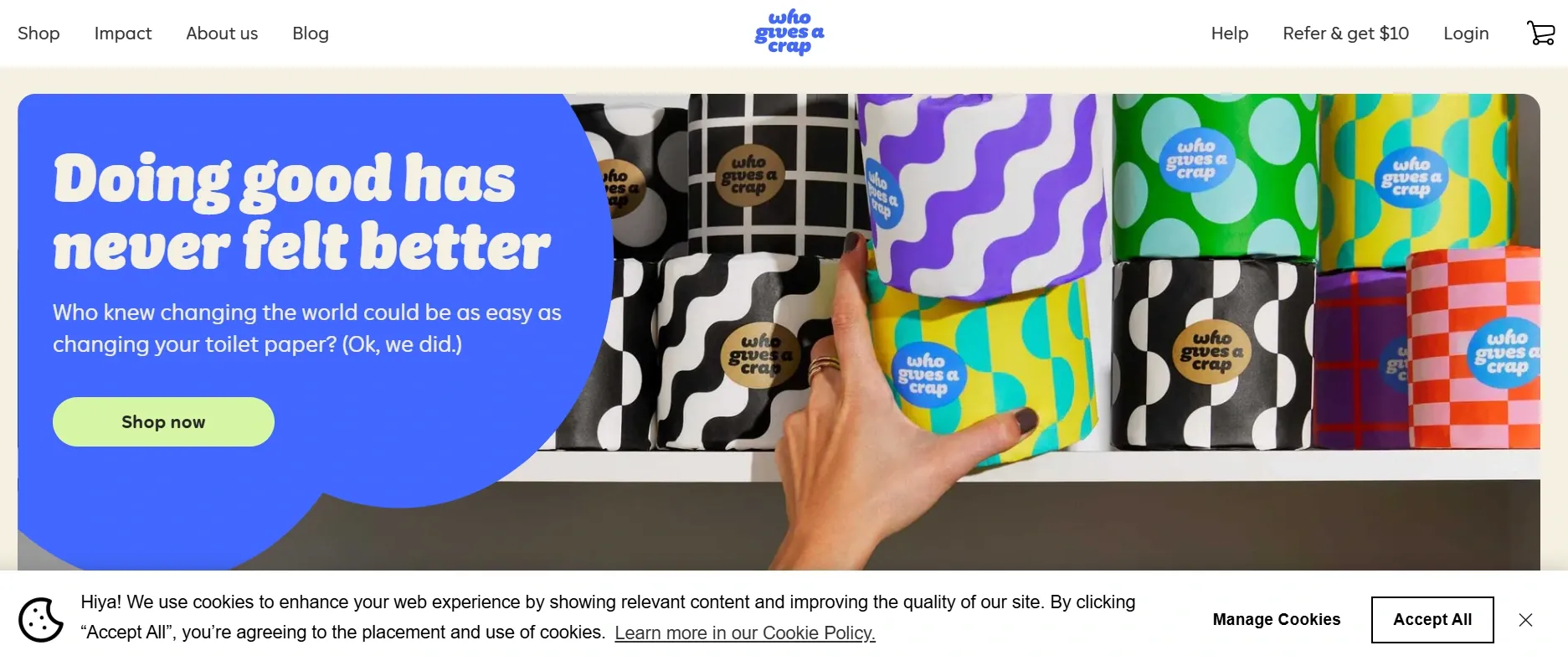 who gives a crap homepage with toilet paper rolls and the tagline "doing good has never felt better"