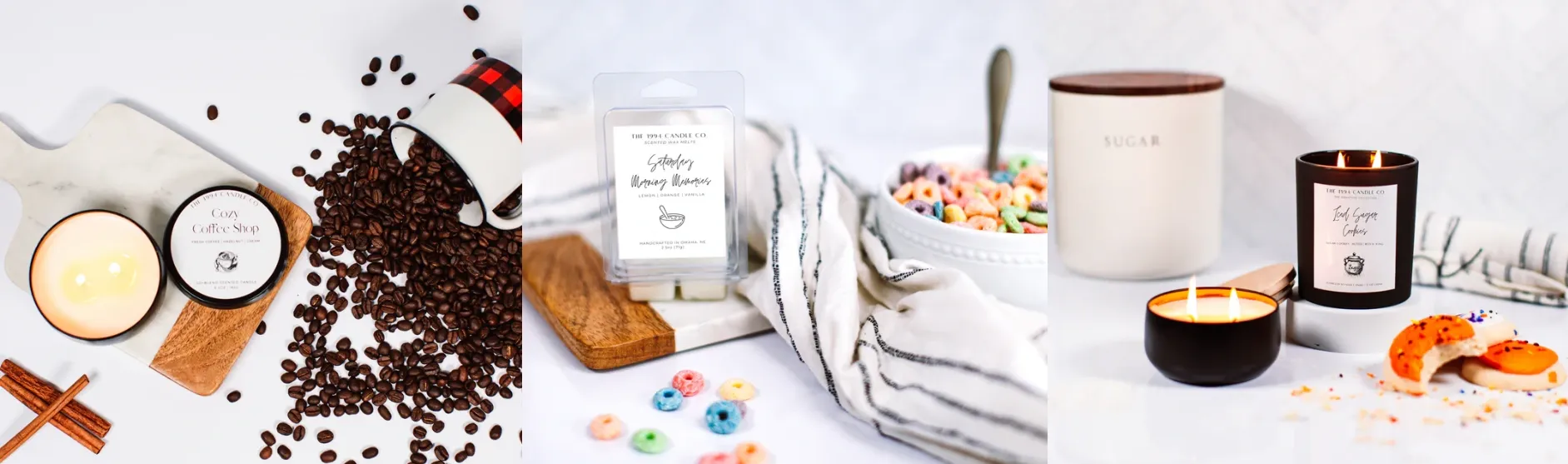 three styled candle products themed cozy coffee shop, Saturday morning, and iced sugar cookies