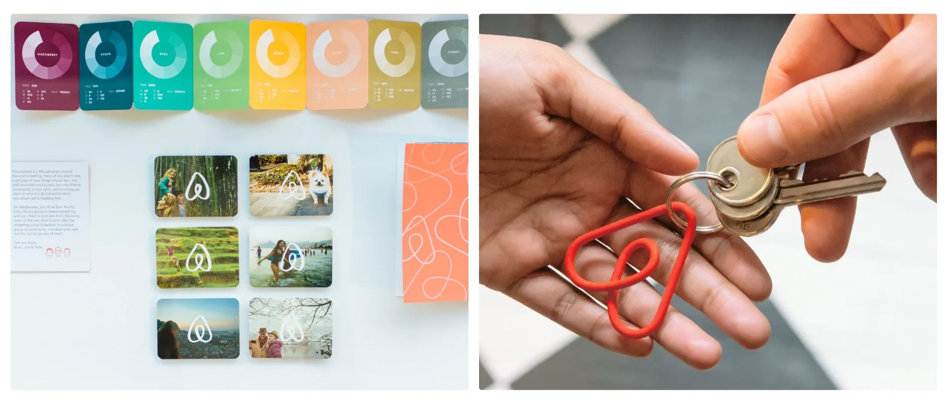 Airbnb branding featuring vibrant color palettes, logo-marked cards, and a signature red keychain.