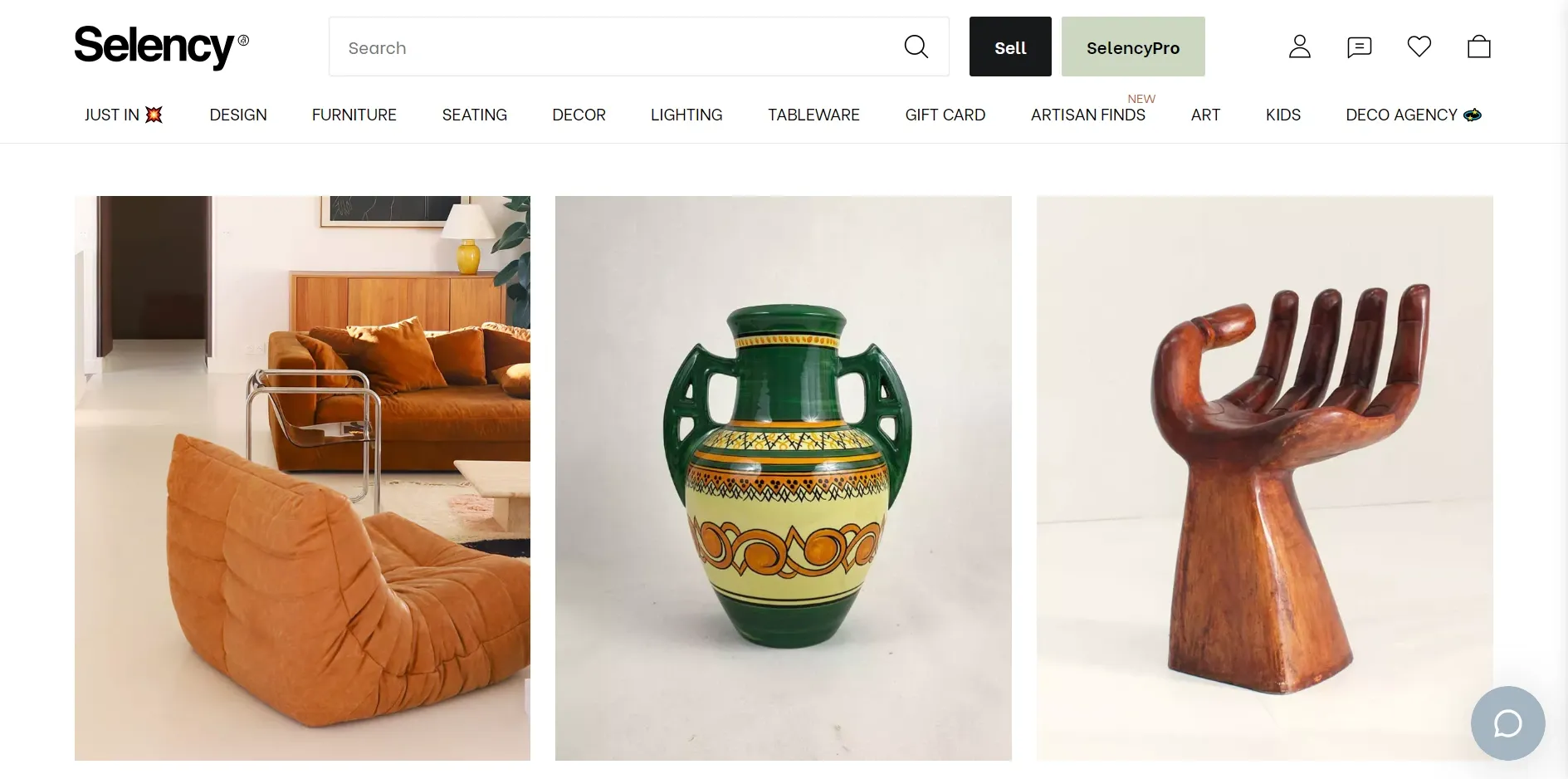 Website header of Selency, displaying its transparent logo in the top left corner. The page showcases three distinct items: a plush orange seat in a stylishly decorated living room, a decorative green and yellow vase, and a wooden hand sculpture
