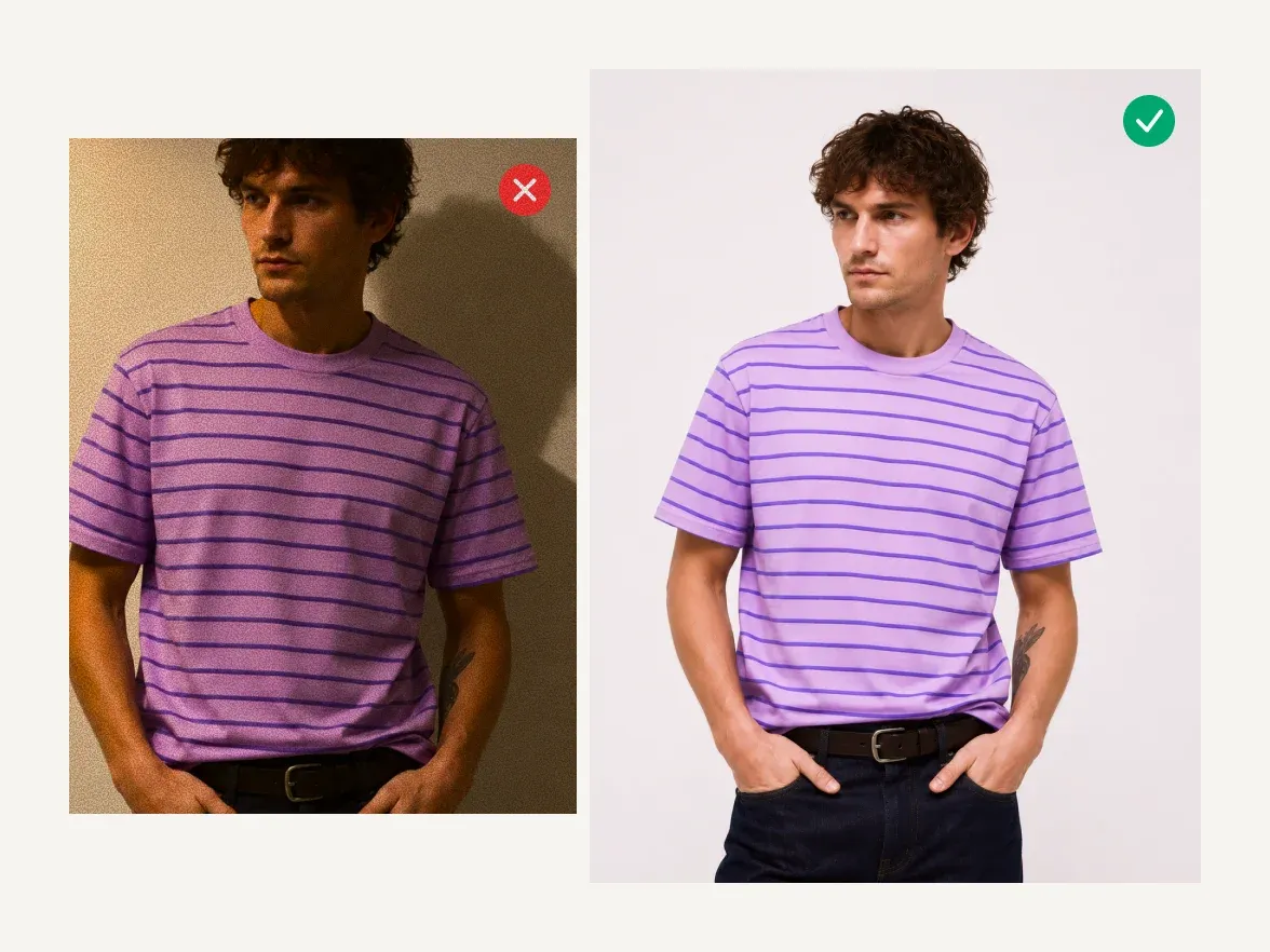 A dark, poorly lit photo of a striped t-shirt marked wrong next to a bright, sharp one marked right