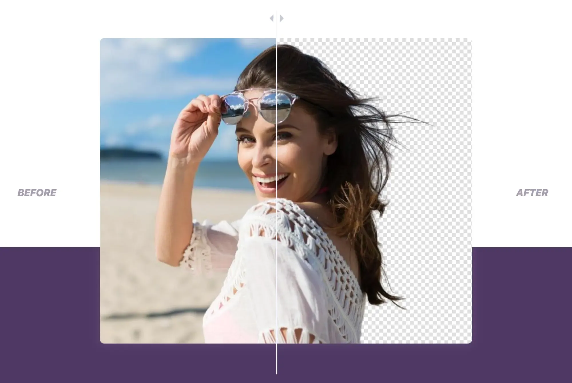 Pixian.ai before-and-after slider of a woman on a beach, original on the left and the transparent cutout on the right.