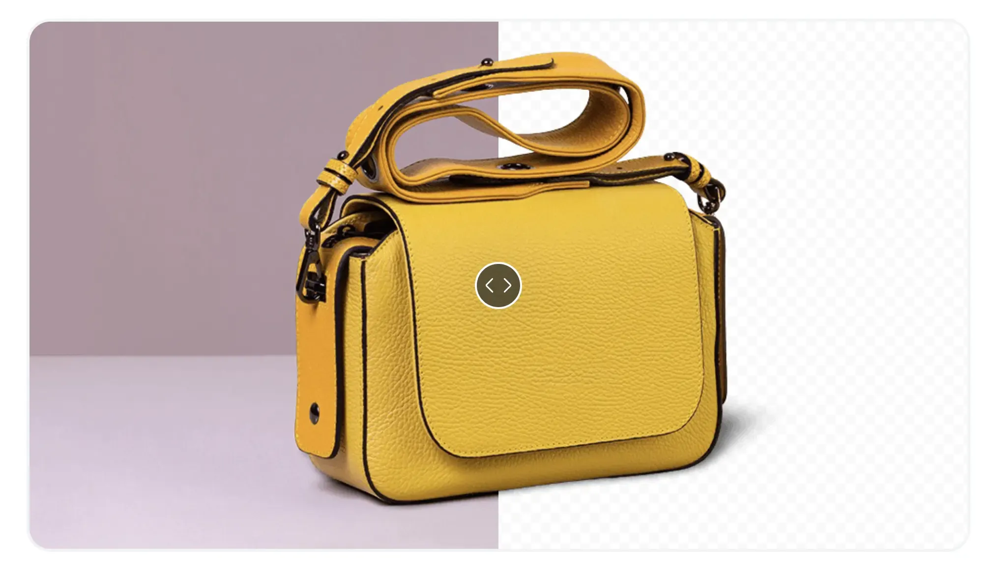 Remove.bg before-and-after slider of a yellow leather handbag, original mauve background on the left and the transparent cutout on the right.