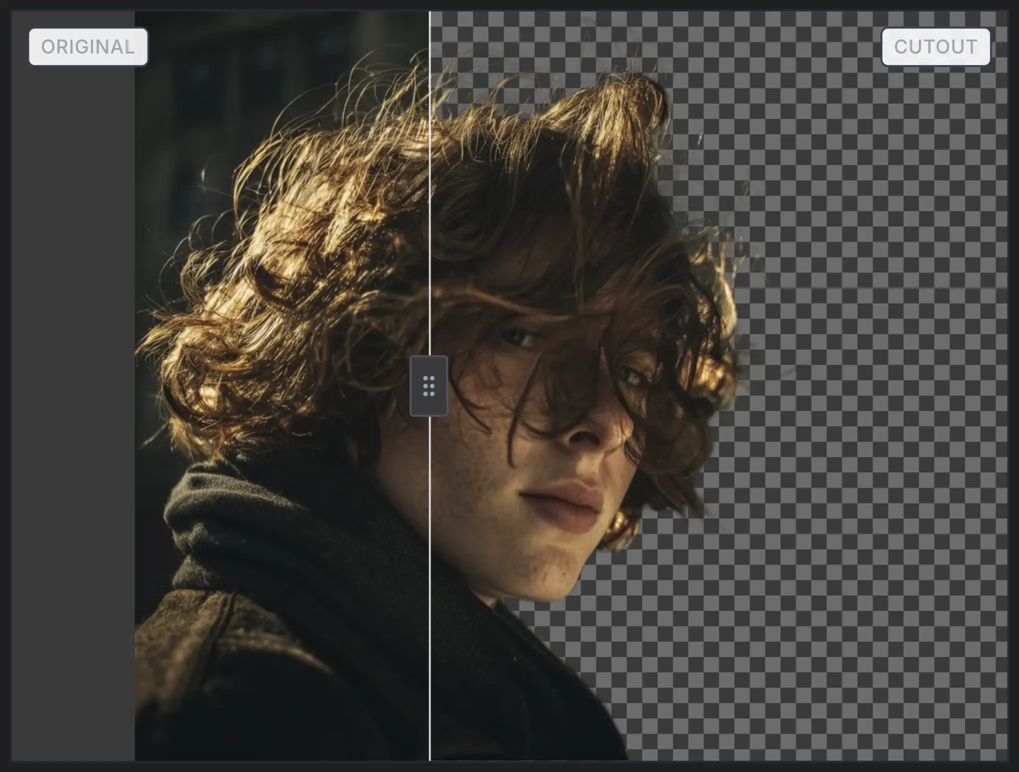 withoutBG cutout of a backlit curly-hair portrait on a transparent background.