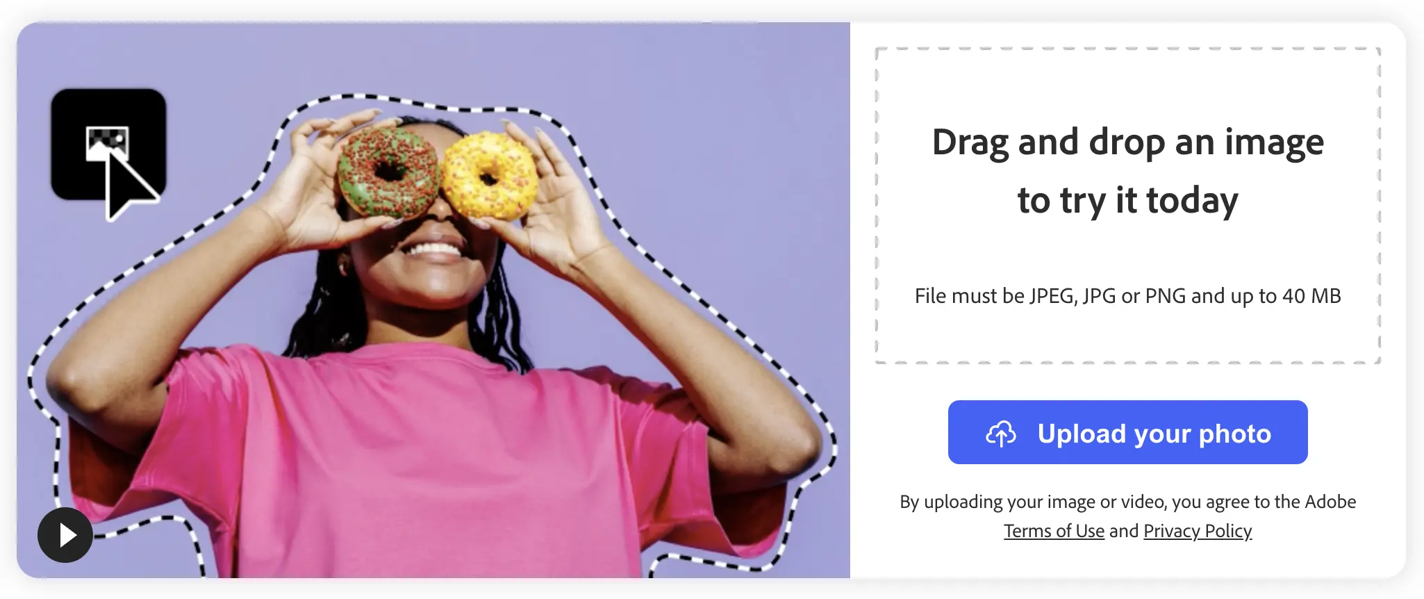 Adobe drag and drop background remover interface.