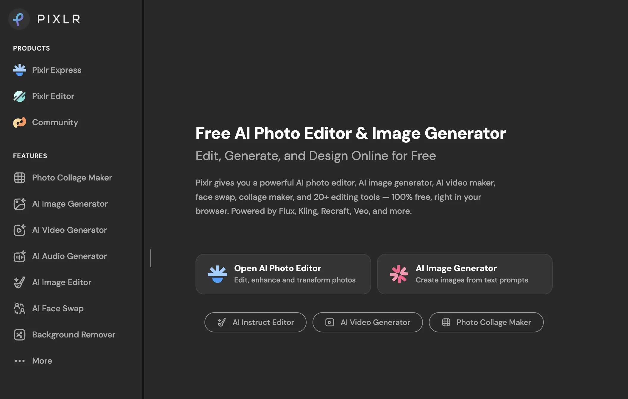 Pixlr offers a free AI photo editor, image generator, and various online design tools, with buttons for Open AI Photo Editor and AI Image Generator.