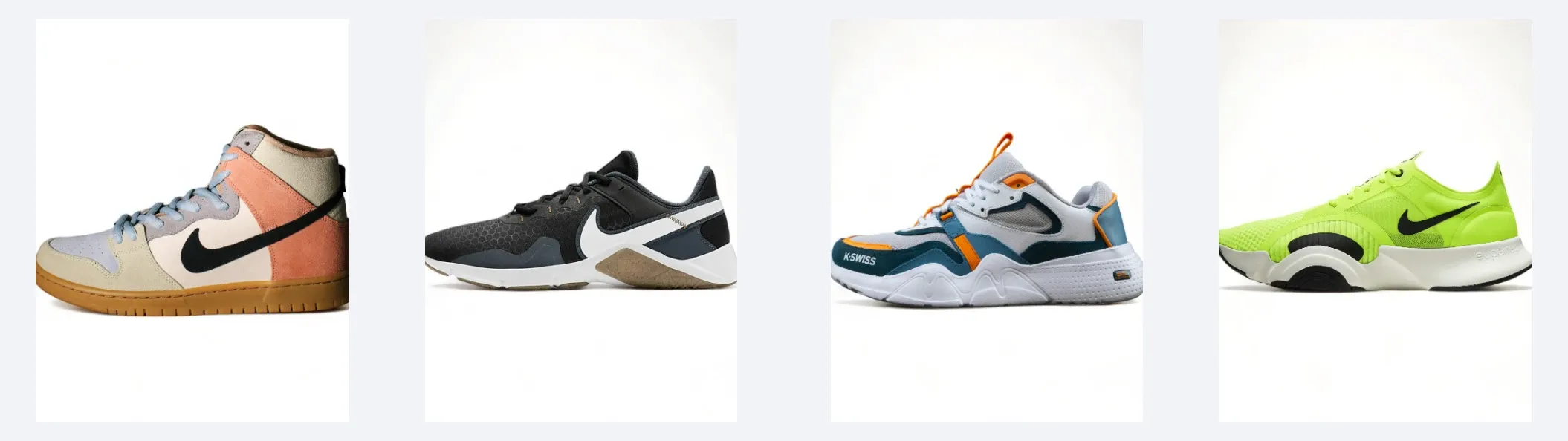 Four different sneaker designs presented against a white background made with Photoroom AI tools: a high-top sneaker in pastel shades, a black and gray running shoe with white accents, a chunky sneaker in white with orange and blue details, and a vibrant lime green athletic shoe.