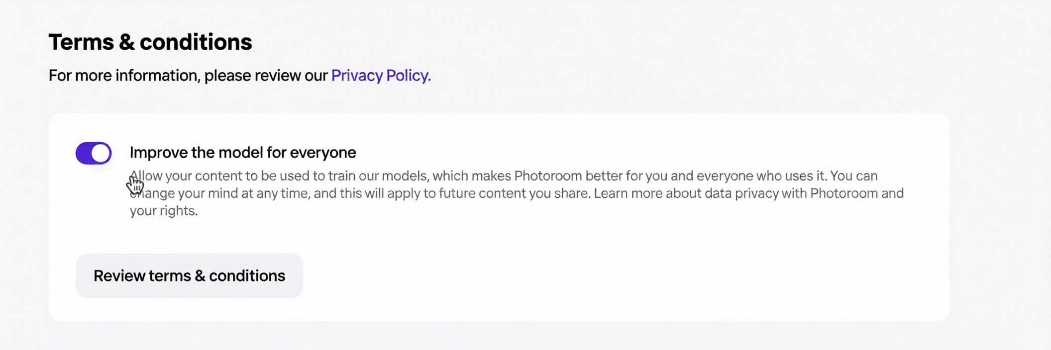 Photoroom settings showing how to opt out of training the AI on your images