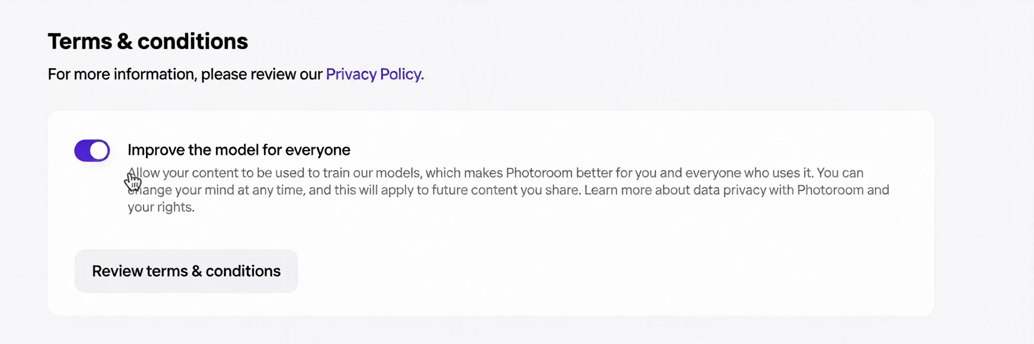 Photoroom settings showing how to opt out of training the AI on your images