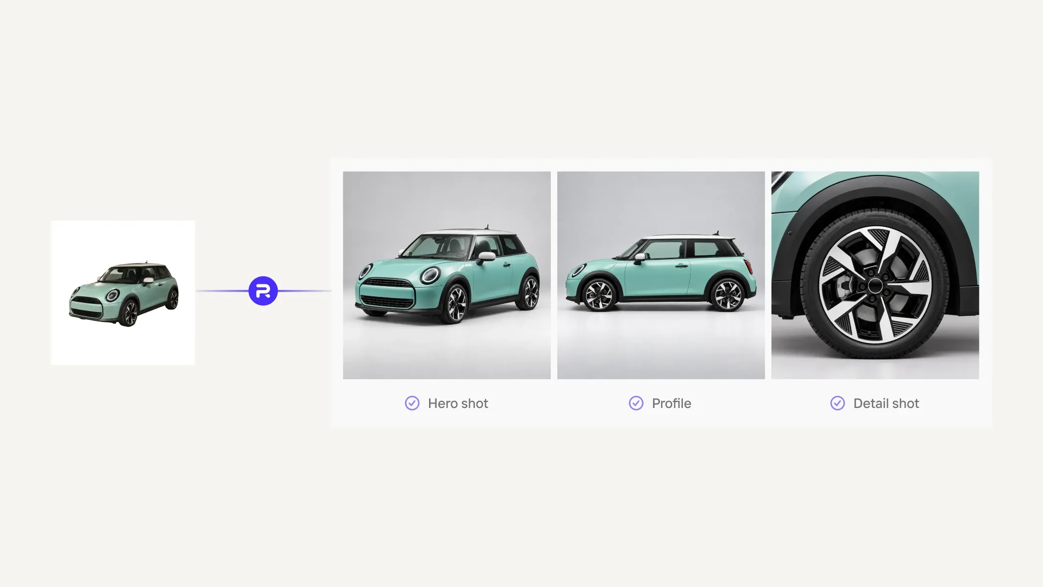 Three images of a light green car: a front angle, a side profile, and a close-up of a wheel, labeled hero, profile, and detail shot.