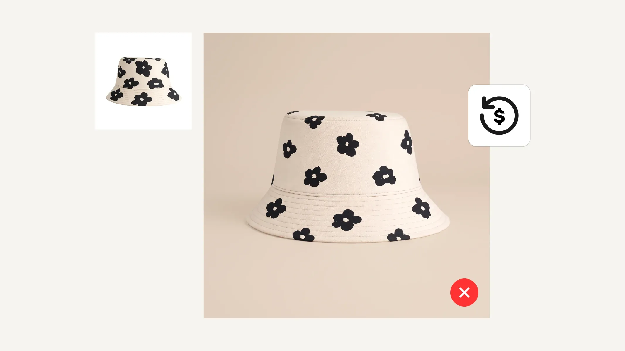 Beige bucket hat with black flower pattern, shown against a neutral background, with a small icon depicting a dollar and return symbol.