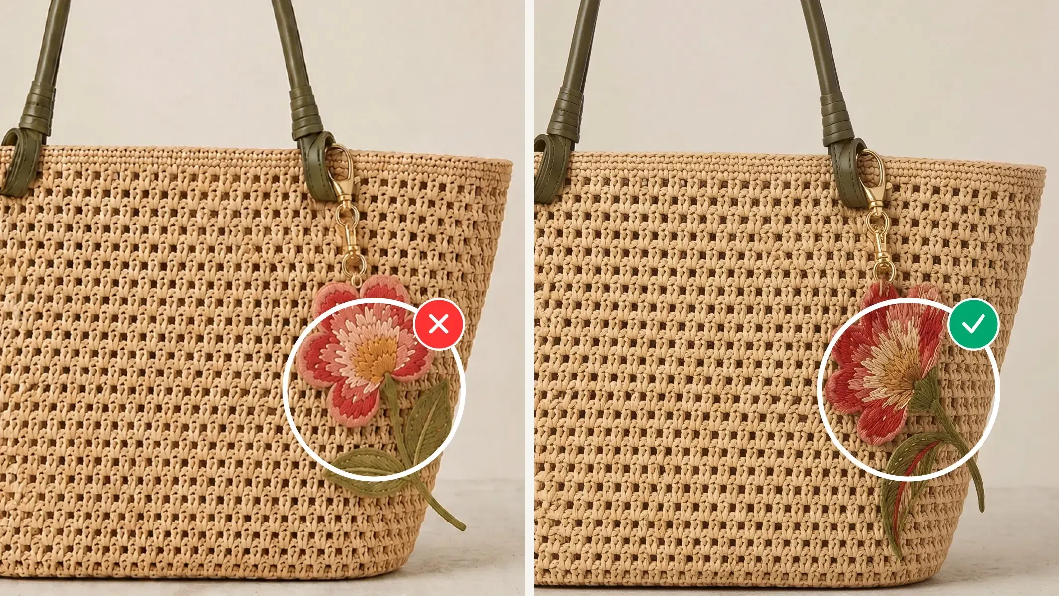 Two straw handbags with identical handles. Left bag has an incorrect floral charm, right bag has a correct charm. Both charms feature red flowers.