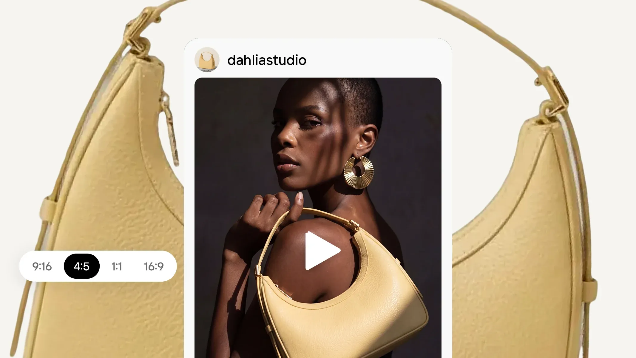 Social video ad of a model with a yellow handbag, play button and aspect ratio selector over a large yellow bag.