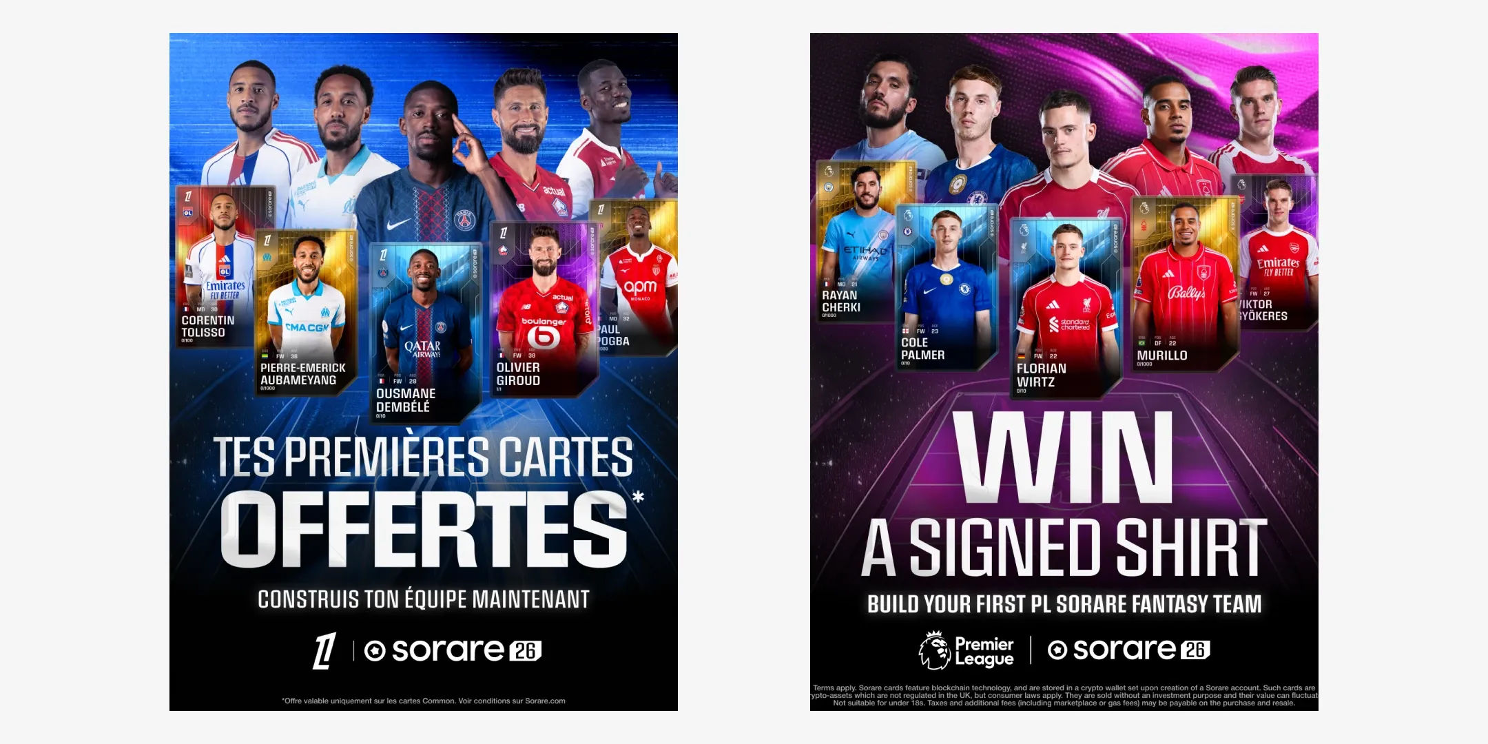 two sorare promo posters with grouped football players and collectible cards on bold graphic backgrounds