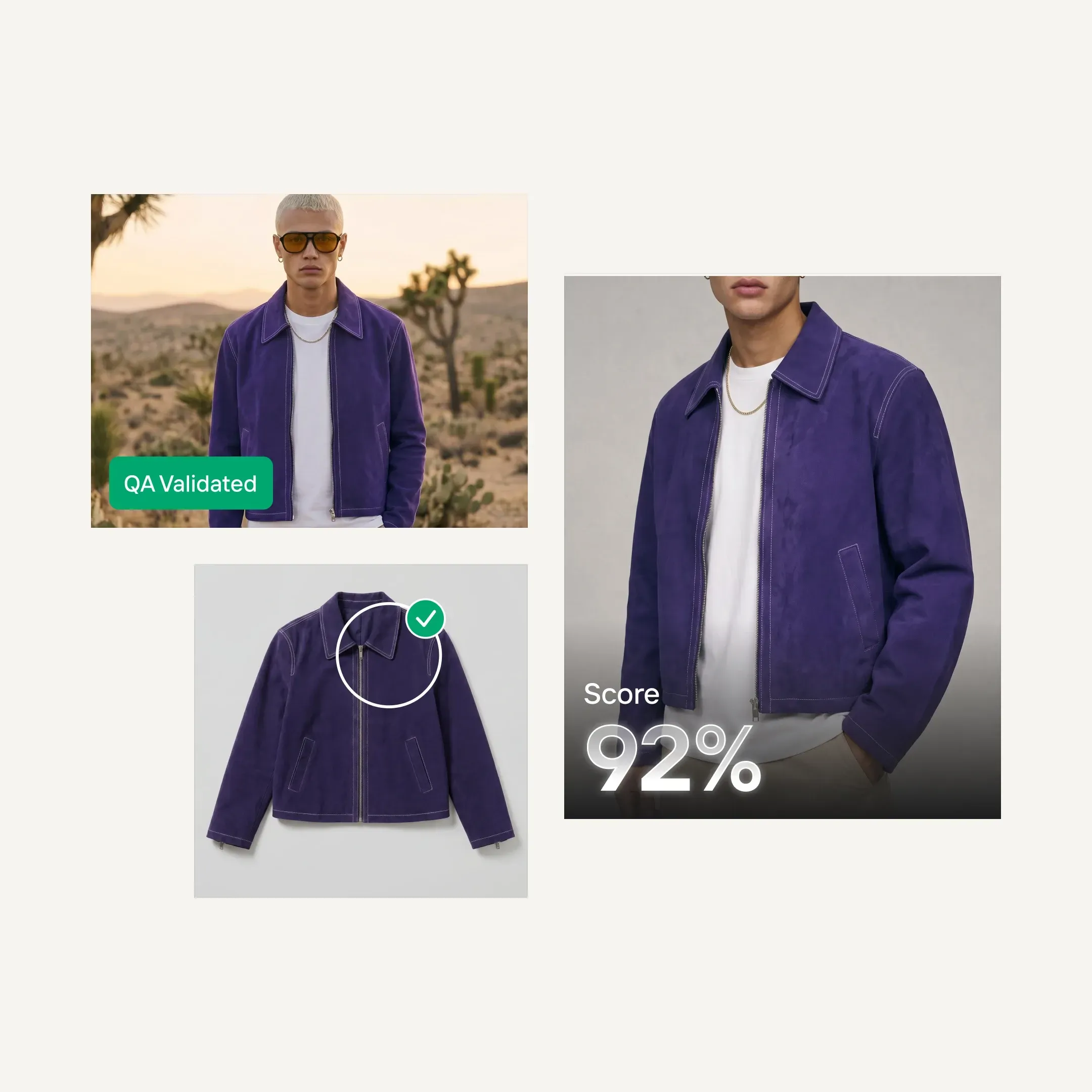 Collage of a purple jacket, featuring a model in a desert, a close-up of the jacket, and a 92% quality score.