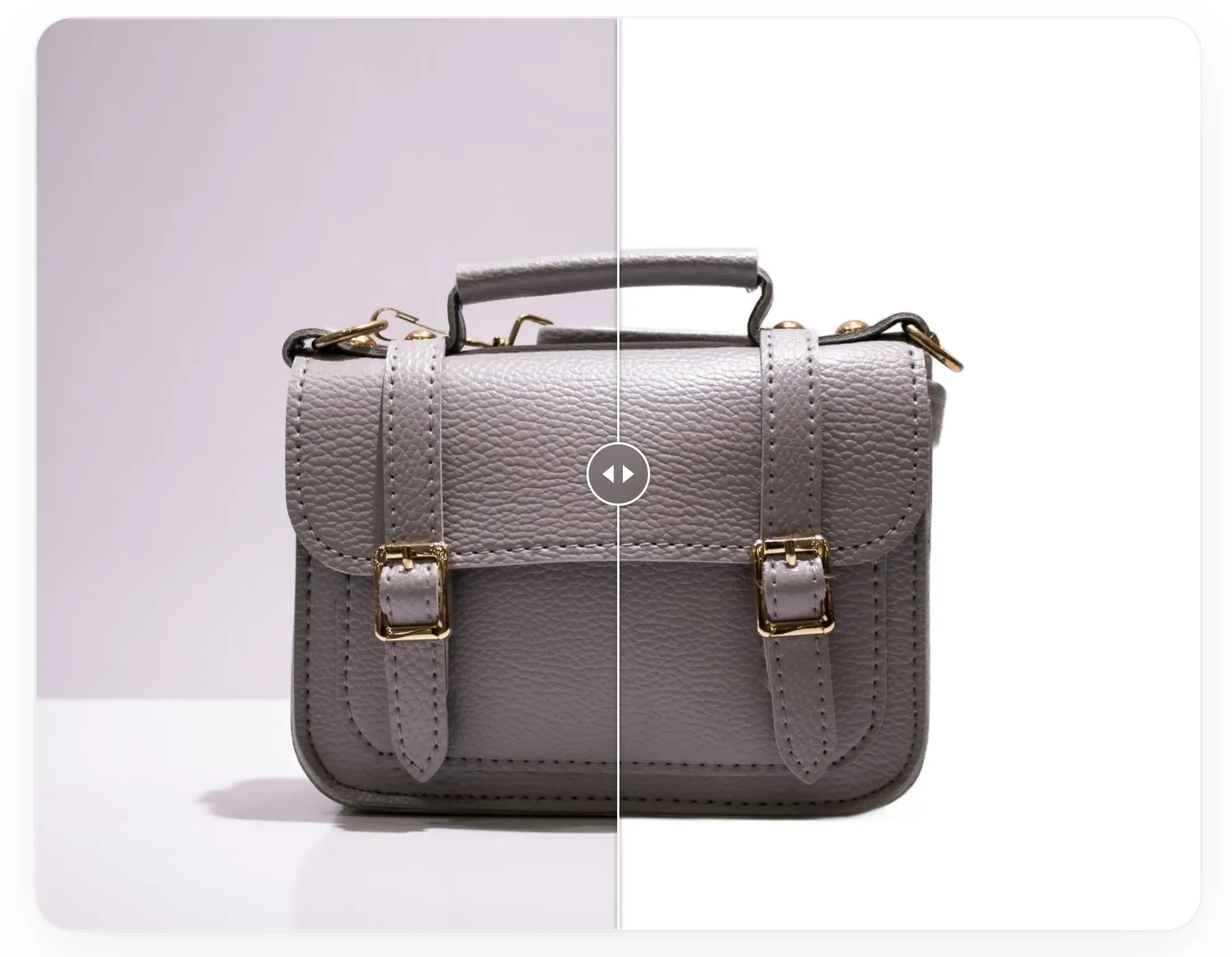 NoBG.space before-and-after cutout of a grey leather satchel, original background on the left, clean white background on the right.