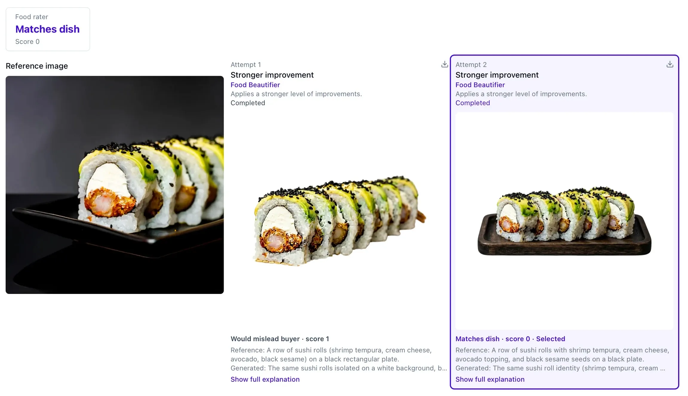 Images of sushi rolls with shrimp tempura, cream cheese, cucumber, and black sesame seeds are compared side by side on plates.