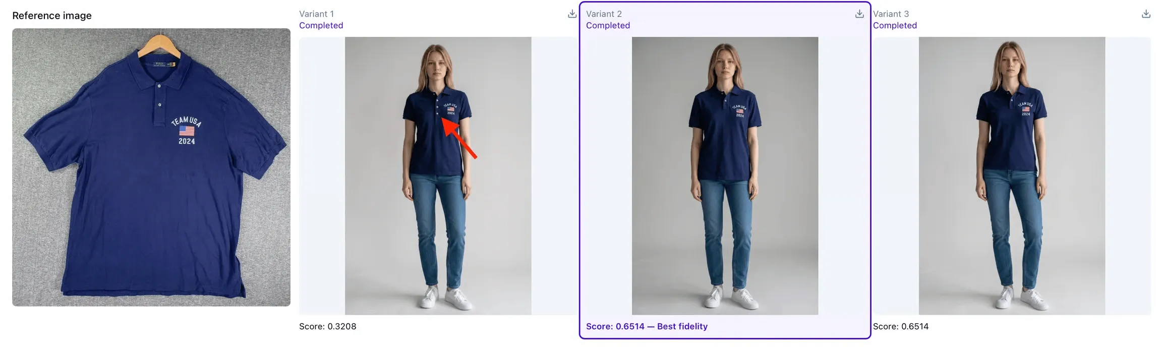Blue polo shirt with embroidered logo displayed on hanger and worn by model in jeans standing in a neutral studio setting.
