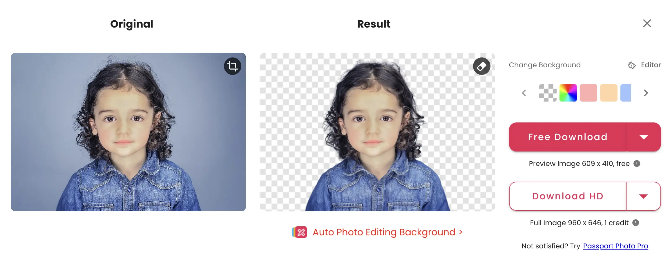 Cutout.Pro background remover interface showing a child on a transparent background.