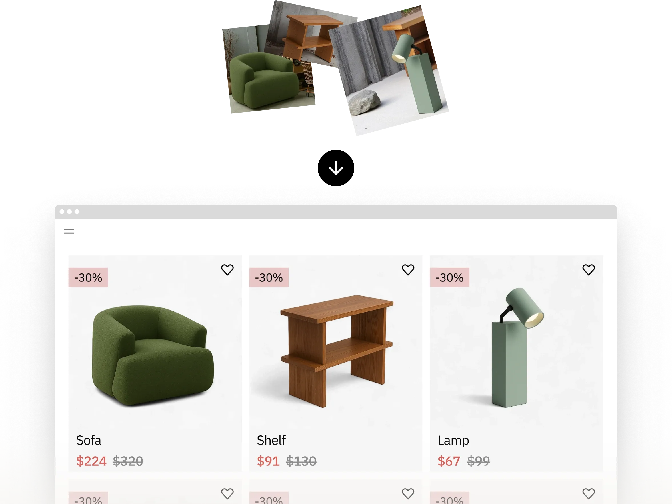Online furniture sale showing discounted prices for a green sofa, wooden shelf, and green desk lamp, each with a 30% reduction.