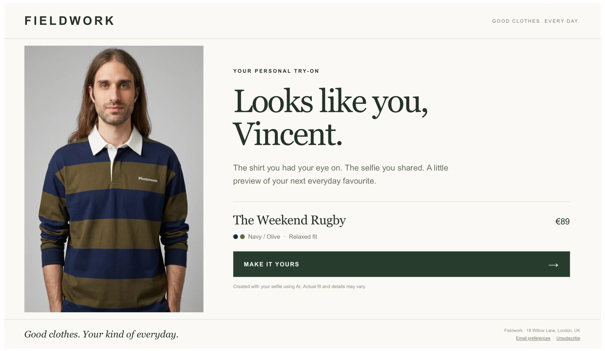 Marketing email showing the shopper wearing a rugby shirt from a virtual try-on