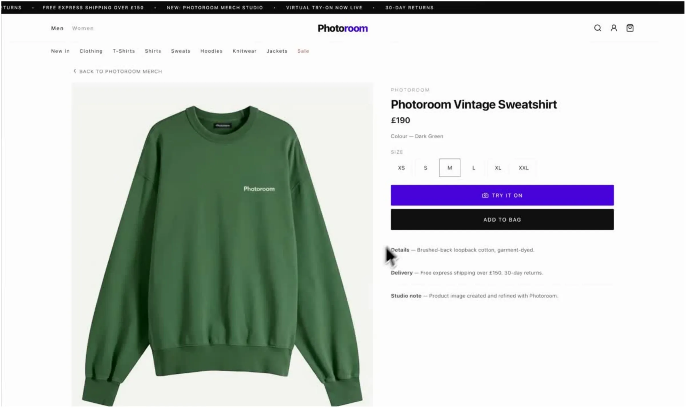 Product page for a green sweatshirt with a Try it on button