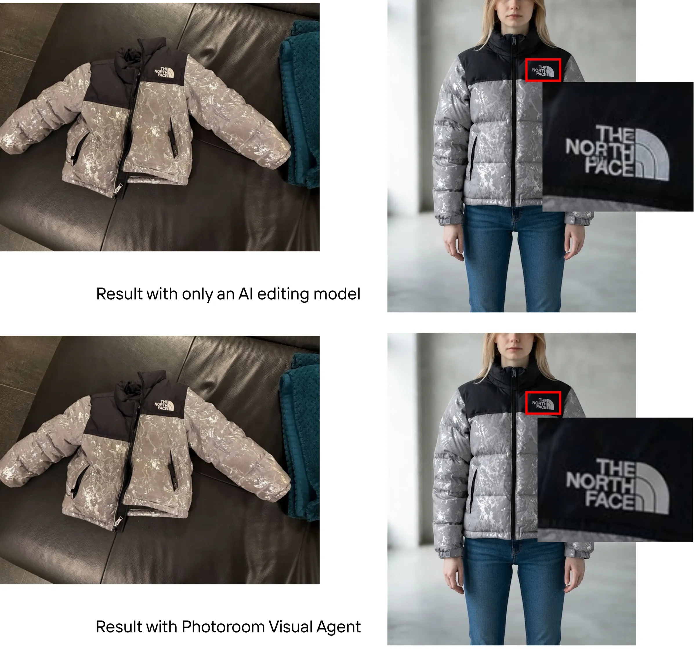 Puffer jacket try-on with the logo garbled by an AI editing model alone, and clean with Photoroom