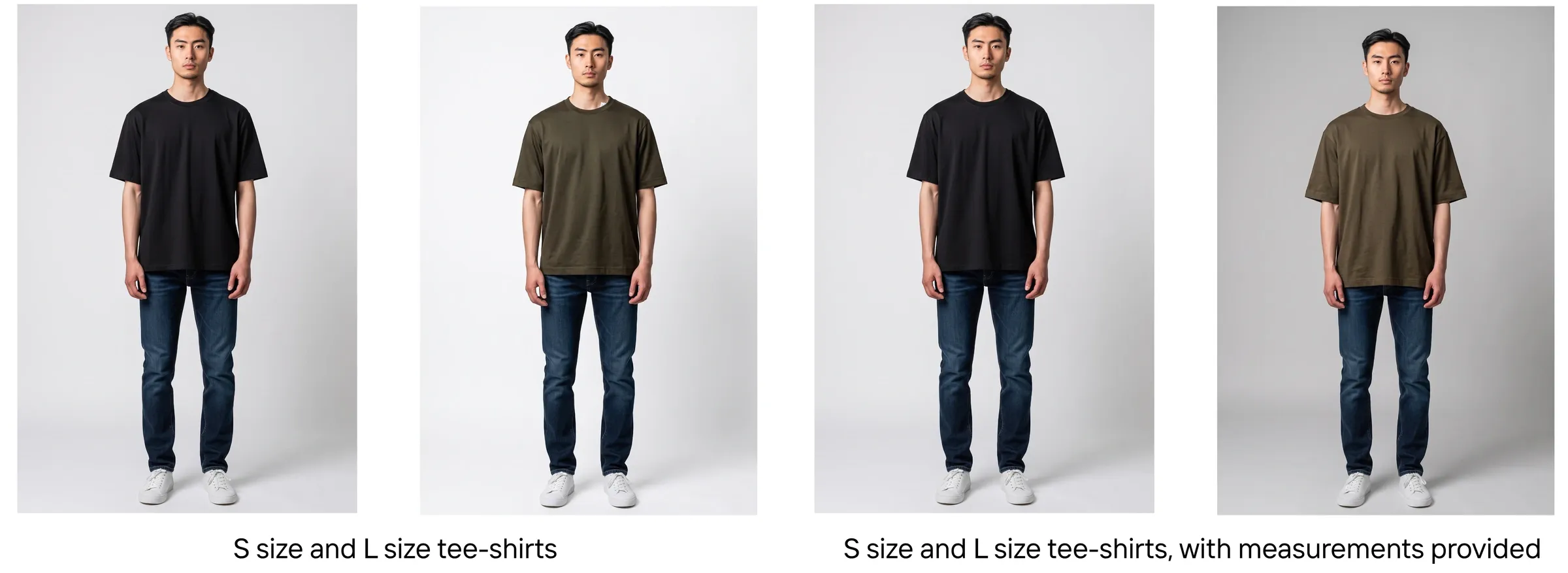 Same person in a size S and a size L t-shirt, first with no size information and then with measurements provided