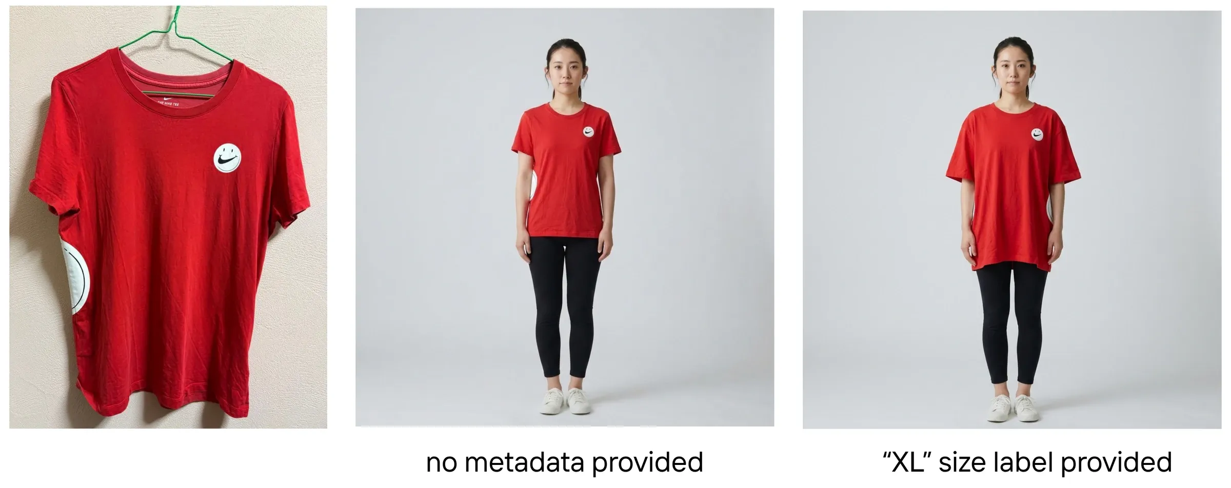 Red XL t-shirt on a hanger, then worn by a model with no size information and with the XL size label provided