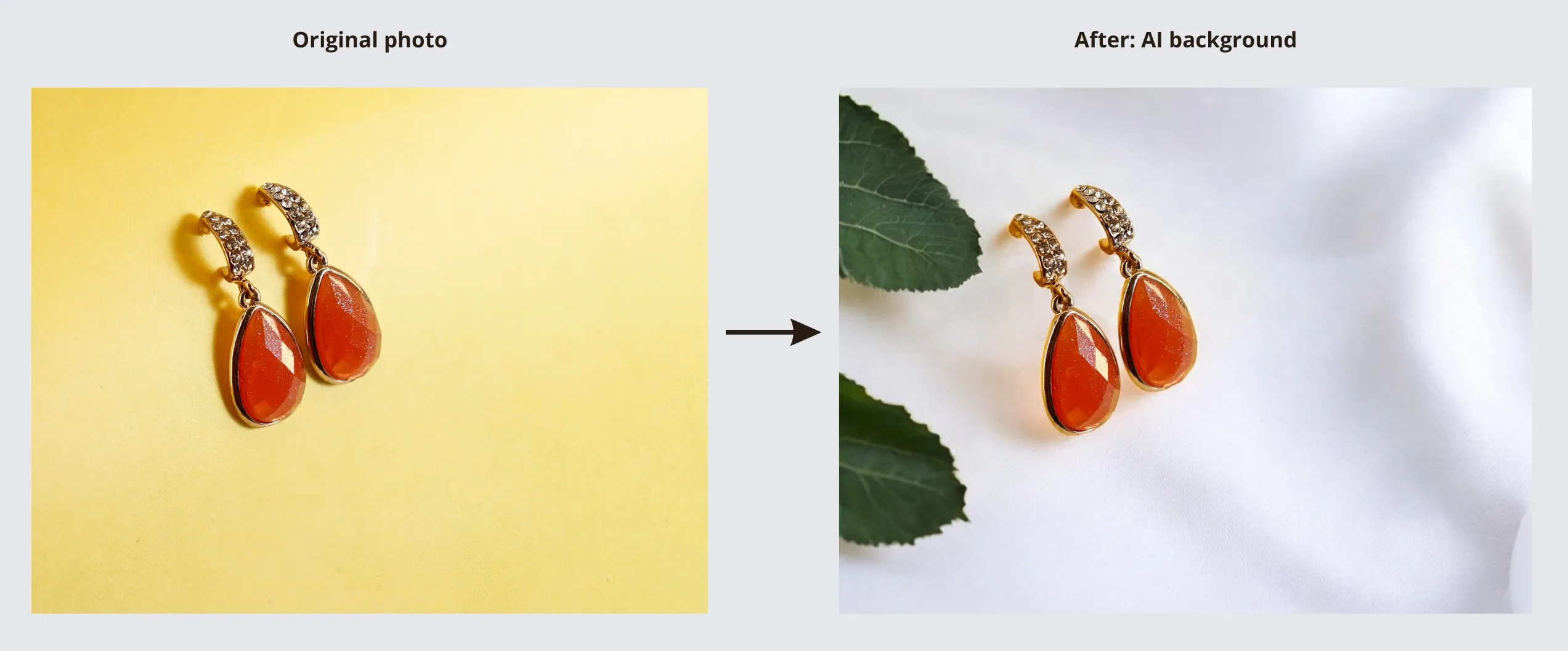 Earrings with a yellow background transformed using AI to a soft fabric setting with green leaves.