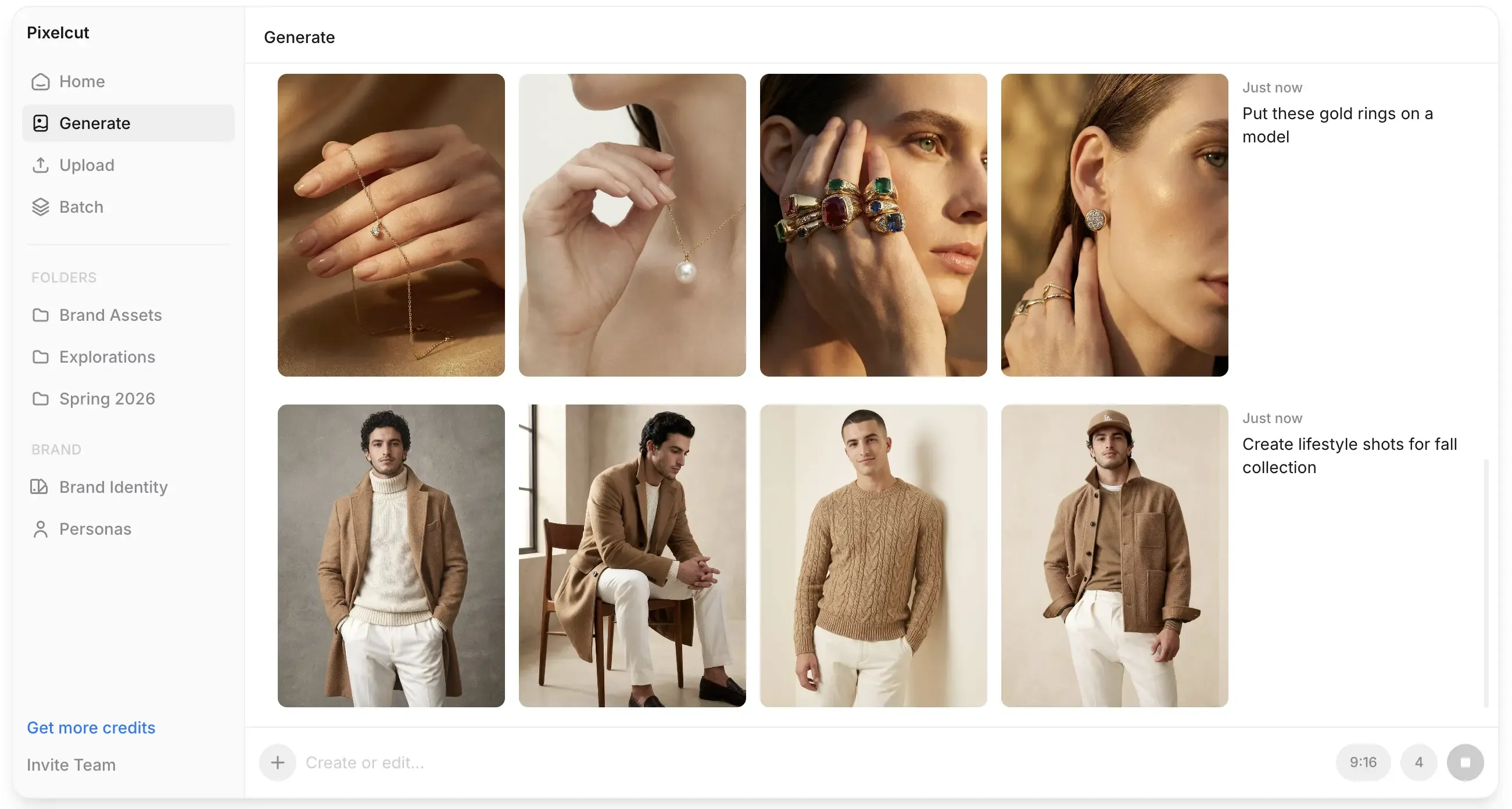 Pixelcut's workspace showing AI-created jewelry and menswear lifestyle shots from prompts like "Put these gold rings on a model.