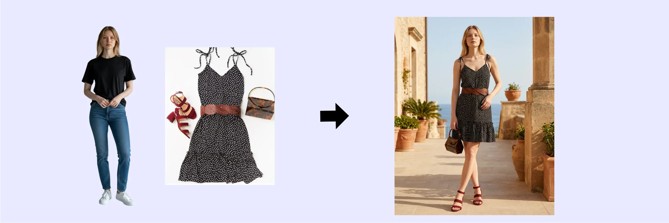 Virtual try-on in action. Inputs (left): a model reference and the product flat-lays. Output (right): a generated image of the model wearing the products in a lifestyle scene.