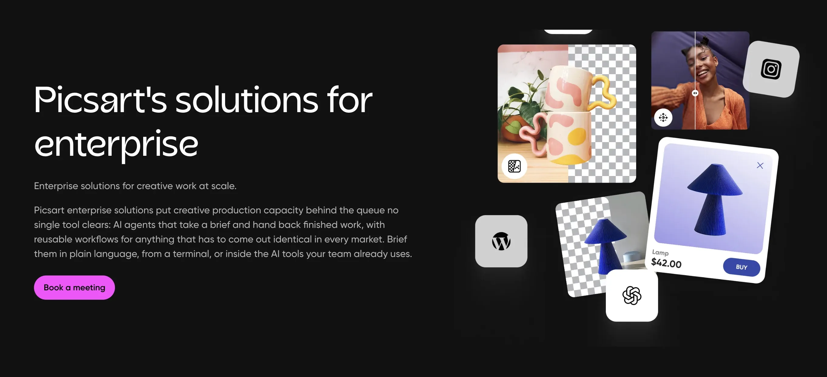 Digital ad for Picsart's enterprise solutions, showcasing creative tools for scale, with images of colorful mugs, a woman smiling, and a blue lamp.
