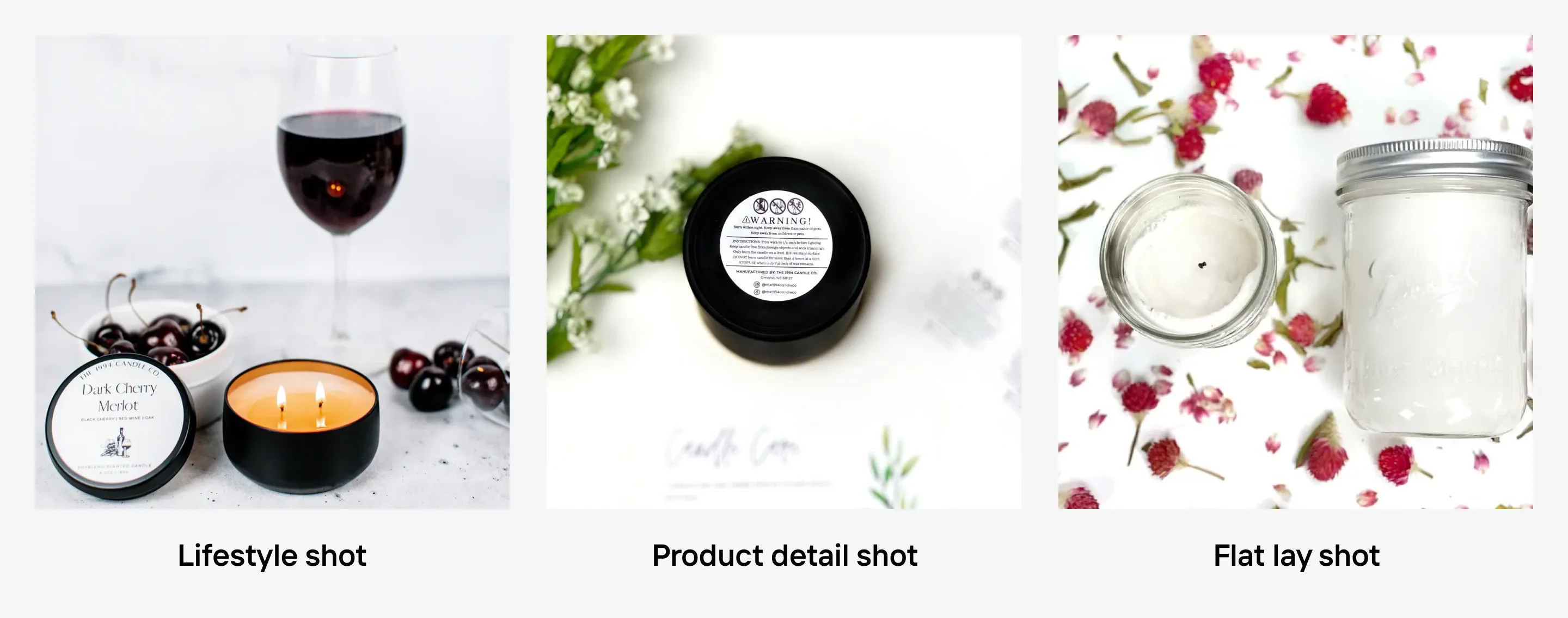 Three product photography styles shown. lifestyle, detail close-up, and styled flat lay