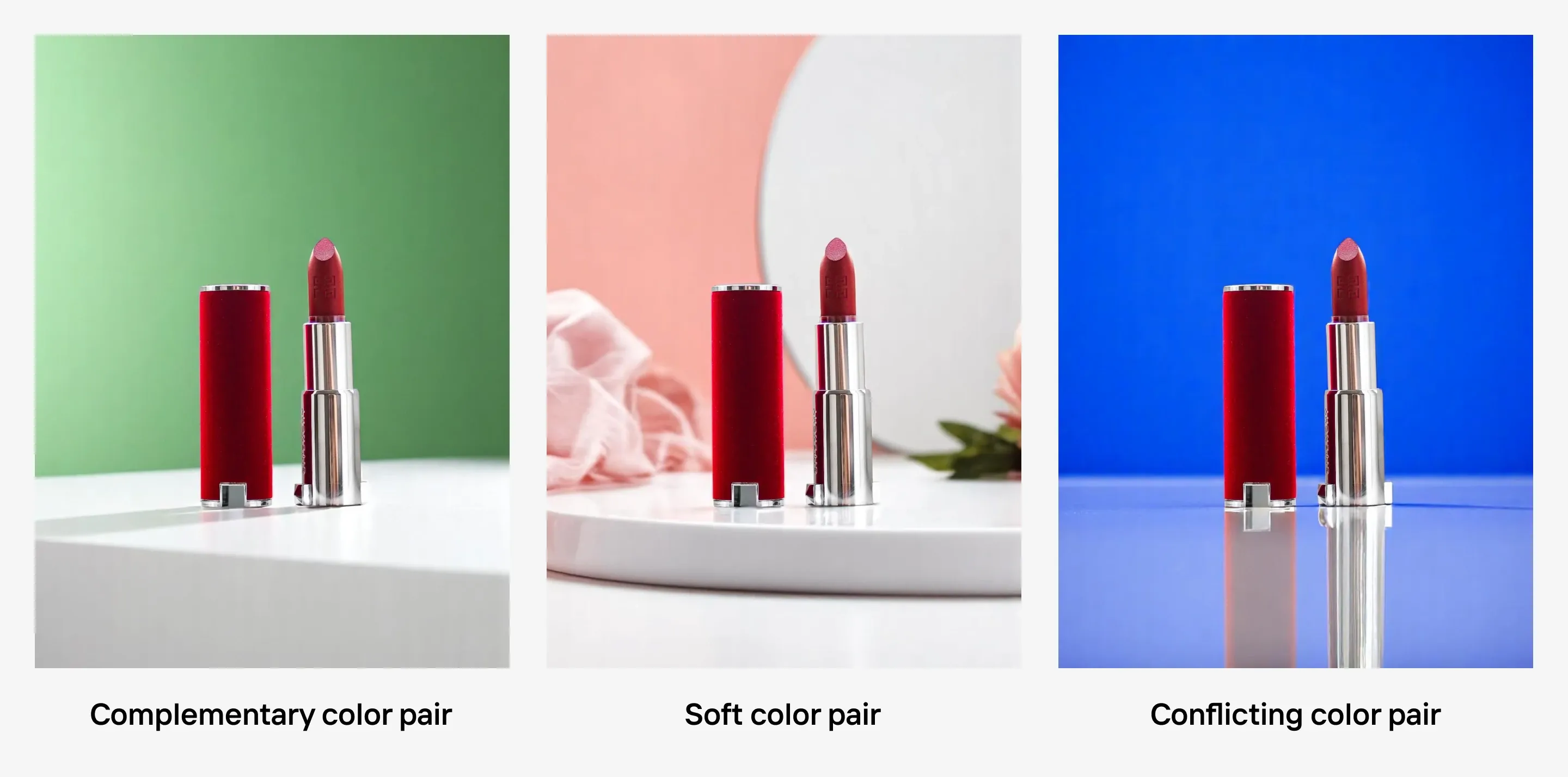 Red lipstick shown with green, pink, and blue backdrops to compare color pair harmony types
