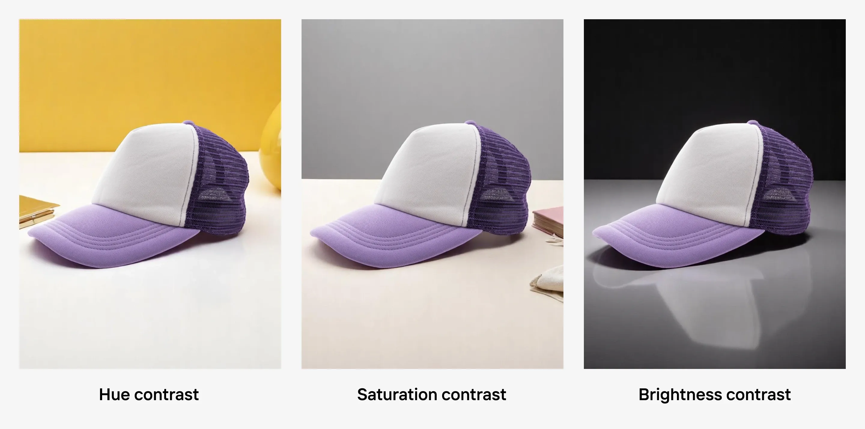 Purple and white cap placed against varied backdrops to show hue, saturation, and brightness