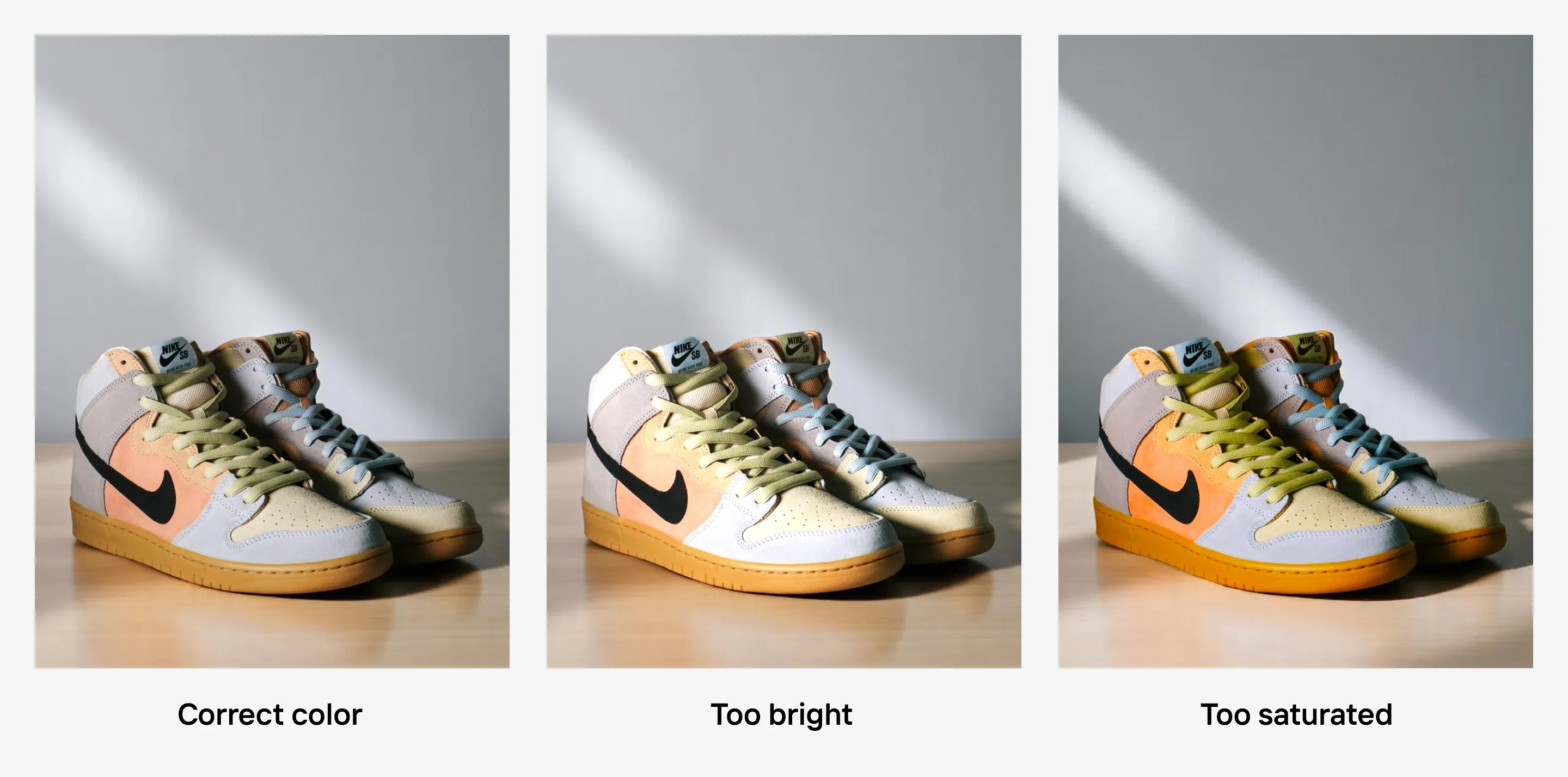 Three sneaker photos comparing accurate coloring with overly bright and oversaturated edits